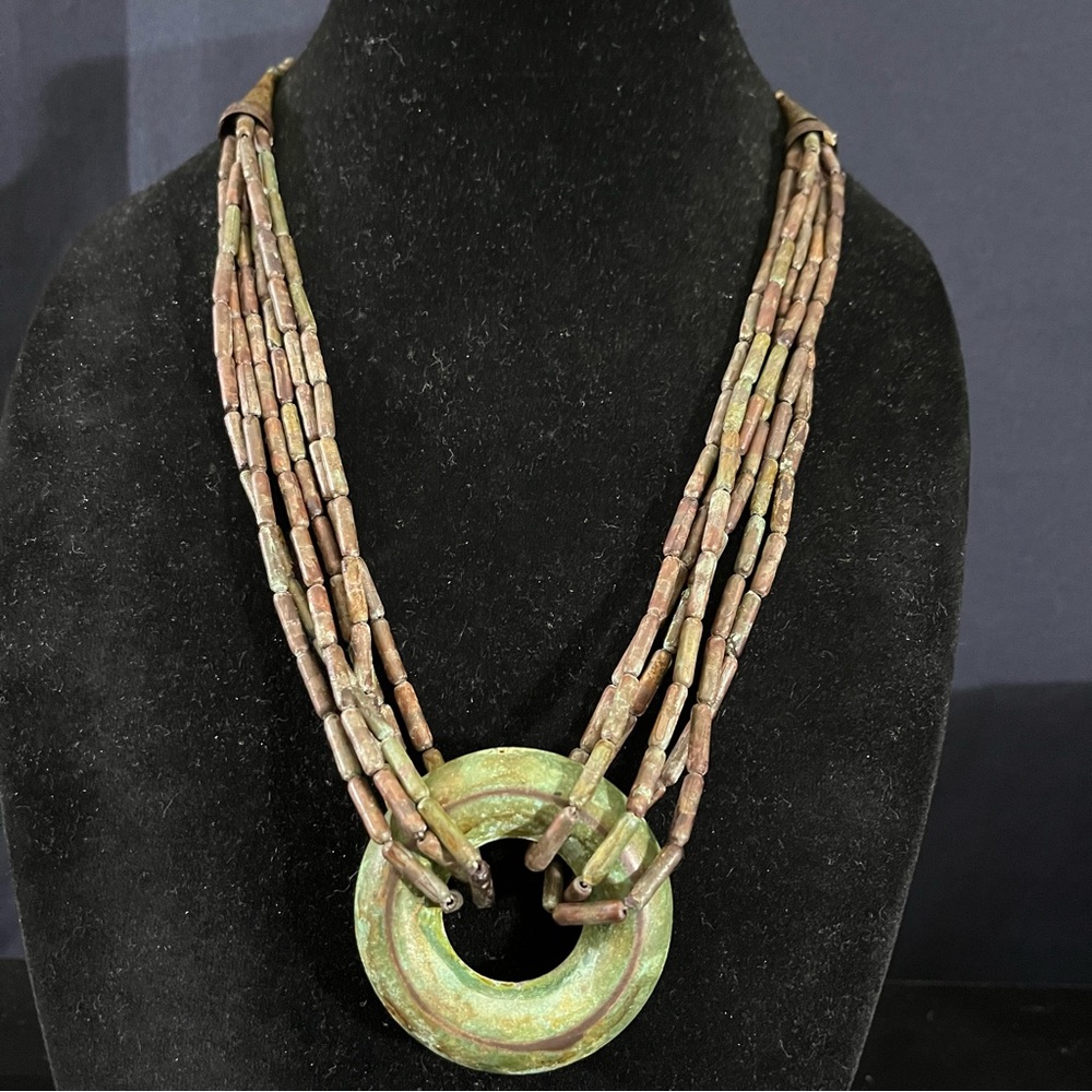 Vintage Tribal-Inspired Multi-Strand Necklace with Green Stone Disc Pendant